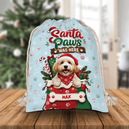 Personalized Santa Paws Was Here Christmas Sack, Custom Pet Name Santa Gift Bag
