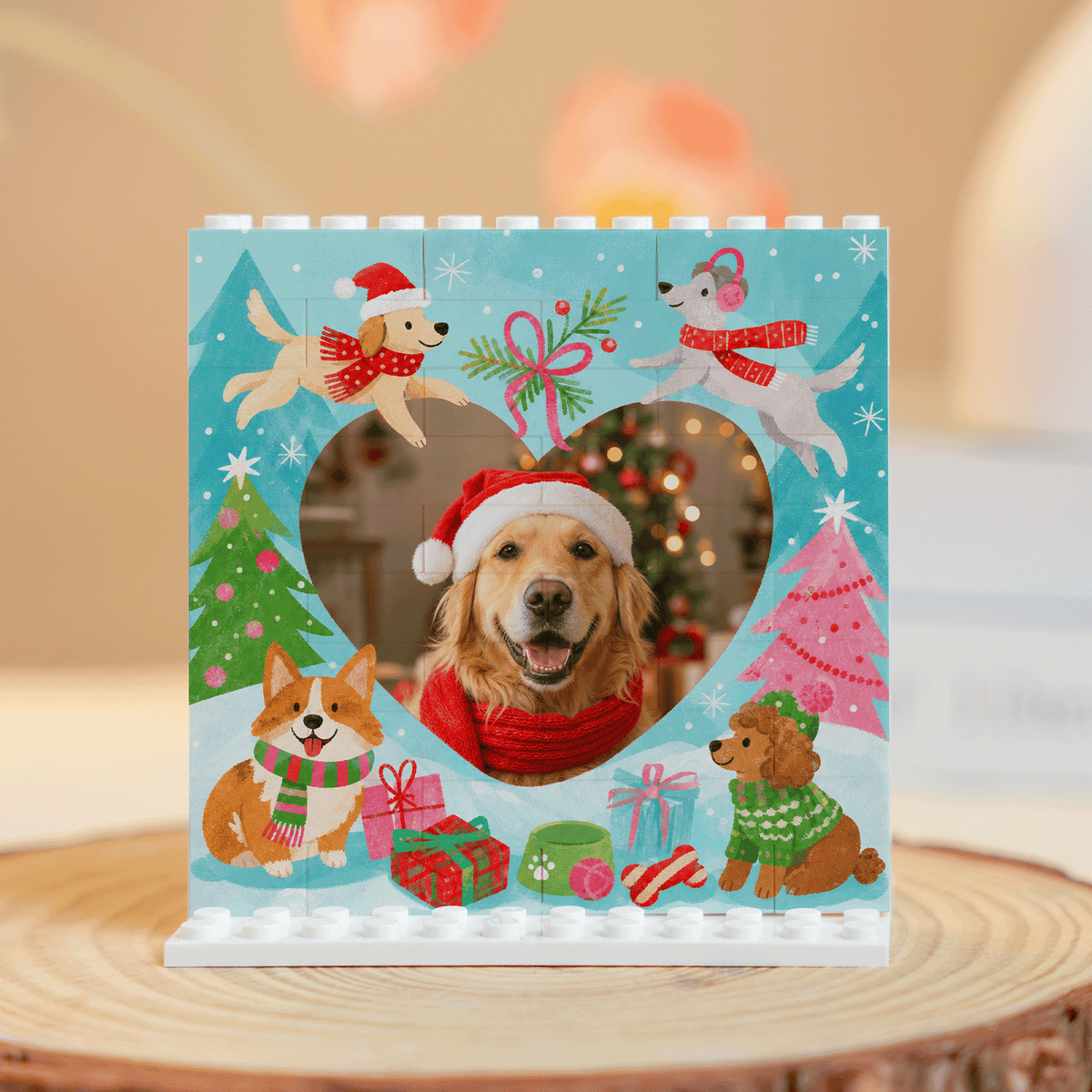 Personalized Photo Christmas Building Block in Light Blue, Custom Dog Photo Heart Shape Playful Dogs in Snow Brick Puzzle Keepsake Decor, Holiday Gift for Dog Lovers