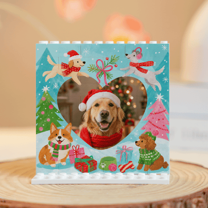 Personalized Photo Christmas Building Block in Light Blue, Custom Dog Photo Heart Shape Playful Dogs in Snow Brick Puzzle Keepsake Decor, Holiday Gift for Dog Lovers