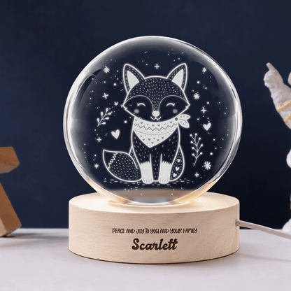Custom Cute Winter Fox Scarf 3D Laser Engraved Crystal Ball with LED Wooden Standee, Personalized Name Holiday Night Light Keepsake