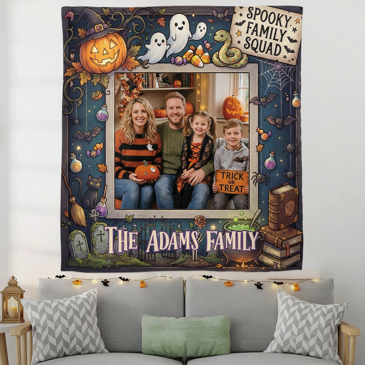 Personalized Halloween Spooky Family Squad Photo Tapestry, Custom Family Photo Name Wall Hanging Decor, Halloween Party Background Backdrop