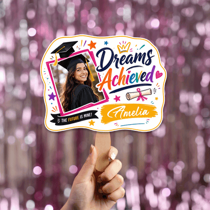 Personalized Dreams Achieved Custom Shape Photo Hand Fan, Graduation Fan with Photo & Name