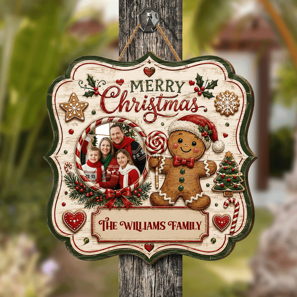 Personalized Gingerbread Man Photo Custom Shape Wood Sign, Custom Family Picture Name Merry Christmas Wooden Hanging Plaque, Festive Holiday Door & Wall Decor Family Gift