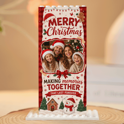 Personalized Photo Christmas Building Block in Red Plaid & Cream, Custom Family Picture Rustic Snowman & Gingerbread Brick Puzzle Keepsake Decor, Festive Holiday Desk Gift