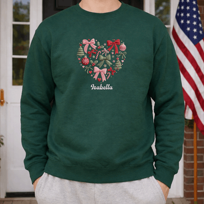Personalized Embroidered Christmas Heart Wreath Sweatshirt with Custom Name
