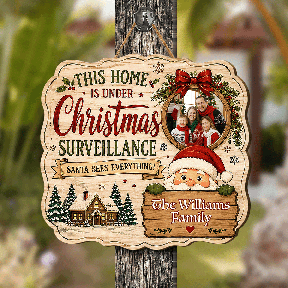 Personalized This Home Is Under Christmas Surveillance Custom Shape Wood Sign, Custom Family Photo Name Santa Claus Wooden Hanging Plaque, Funny Holiday Door & Wall Decor Family Gift