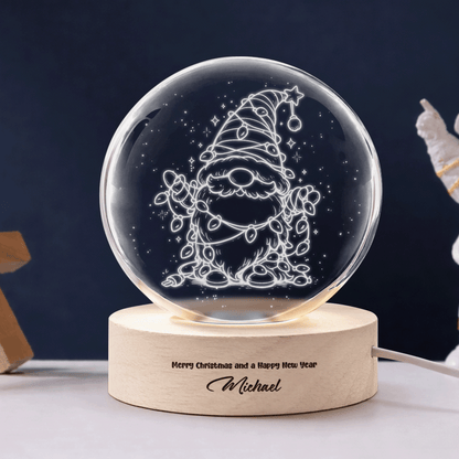 Custom Christmas Gnome Fairy Lights 3D Laser Engraved Crystal Ball with LED Wooden Standee, Personalized Name Holiday Night Light Keepsake