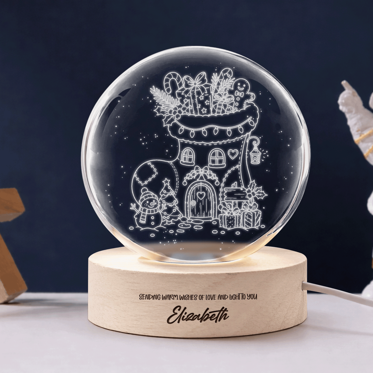 Custom Christmas Stocking House 3D Laser Engraved Crystal Ball with LED Wooden Standee, Personalized Name Holiday Night Light Keepsake