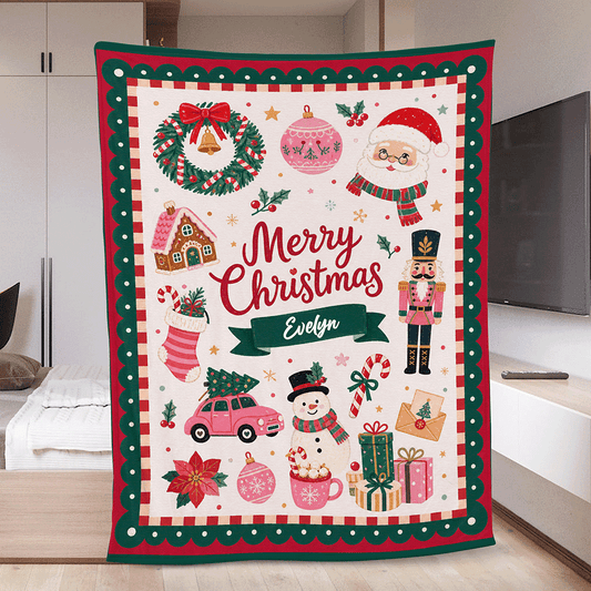 Personalized Vintage Christmas Icons Blanket, Custom Name Polka Dot Border Holiday Fleece Blanket, Cozy Xmas Gingerbread Nutcracker Throw Keepsake Gift