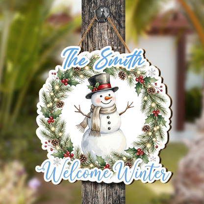 Personalized Snowman Wreath Custom Shape Wood Sign, Custom Family Name Welcome Winter Pine Wreath Wooden Hanging Plaque, Festive Holiday Door & Wall Decor Family Gift