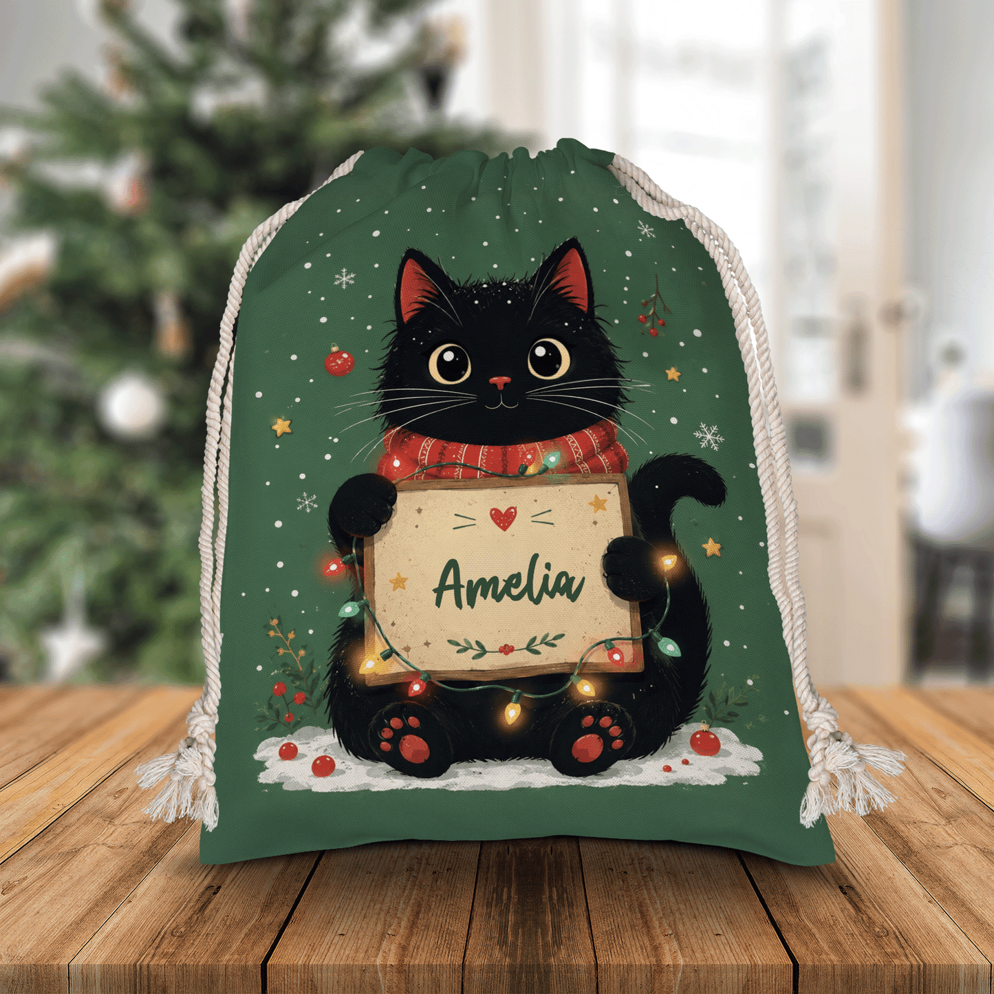 Personalized Green Christmas Black Cat Christmas Sack with Custom Name