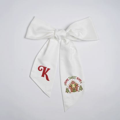 Custom Letter Gingerbread House Home Sweet Home Embroidered Linen Wreath Sash, Personalized Monogram Holiday Bow Sash for Door Decor