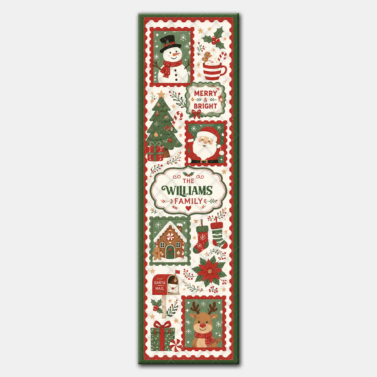 Personalized Merry and Bright Postage Stamp Christmas Quilt Table Runner, Custom Family Name Holiday Scrapbook Quilted Table Runner & Dining Decor