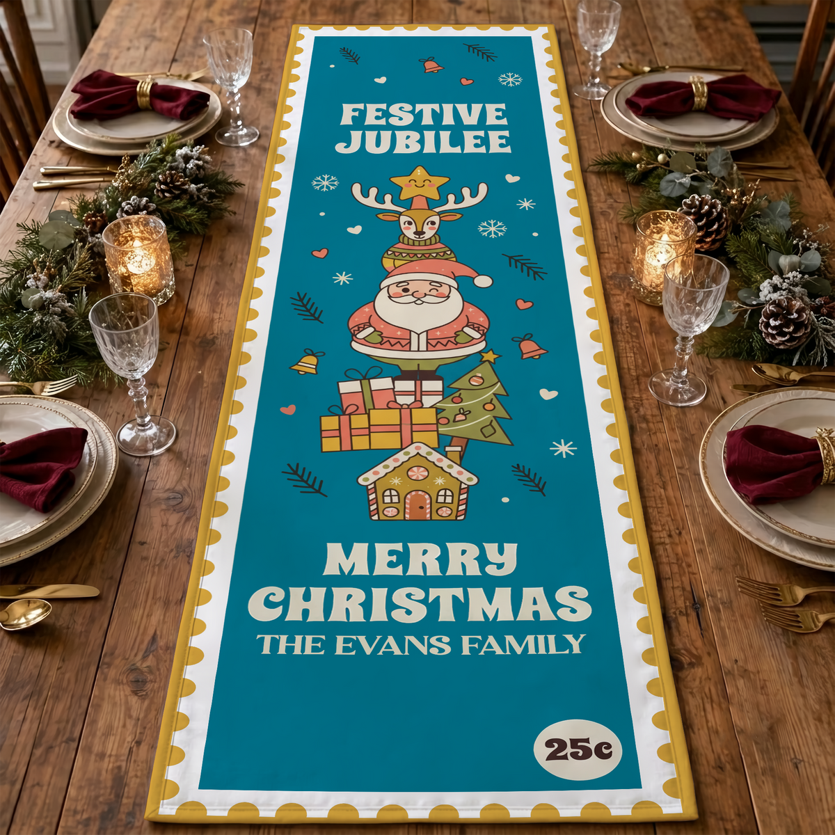 Personalized Family Name Vintage Christmas Stamp Quilt Table Runner, Custom Teal Blue Festive Jubilee Quilted Table Runner Decor, Retro Holiday Dining Room Table Topper