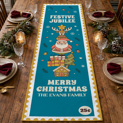 Personalized Family Name Vintage Christmas Stamp Quilt Table Runner, Custom Teal Blue Festive Jubilee Quilted Table Runner Decor, Retro Holiday Dining Room Table Topper