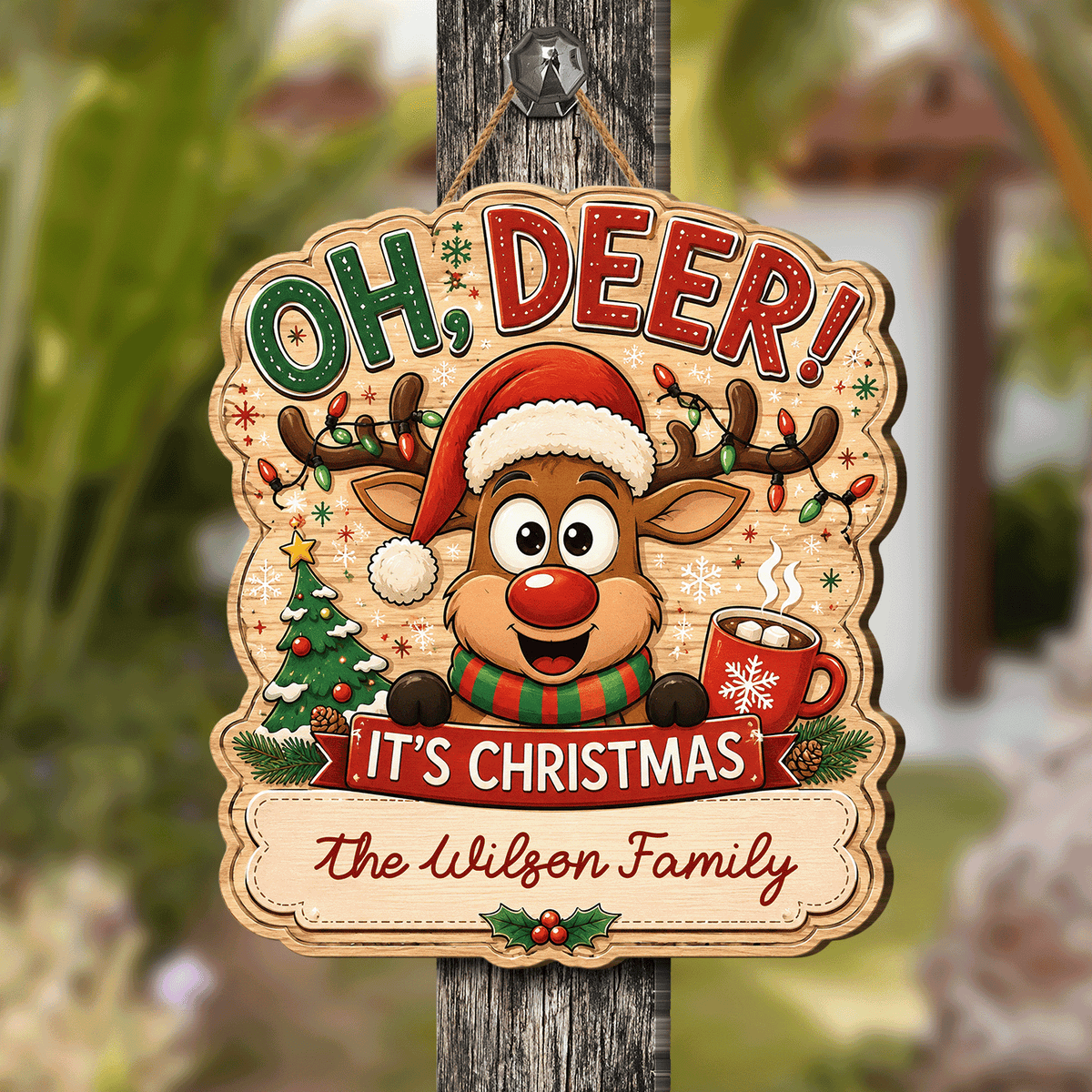 Personalized Reindeer Oh Deer It's Christmas Custom Shape Wood Sign, Custom Family Name Rudolph Hot Cocoa Tree Wooden Hanging Plaque, Festive Holiday Door & Wall Decor Family Gift