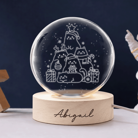 Custom Christmas Cats Tree 3D Laser Engraved Crystal Ball with LED Wooden Standee, Personalized Name Cute Kittens Holiday Glowing Tabletop Night Light Keepsake