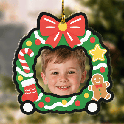 Personalized Baby Face Christmas Wreath Car Acrylic Ornament, Custom Photo Kid Holiday Tree Hanging Decor, Baby First Christmas Keepsake Gift