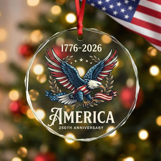 250 America 1776–2026 Glass Ornament – Patriotic USA Anniversary Keepsake