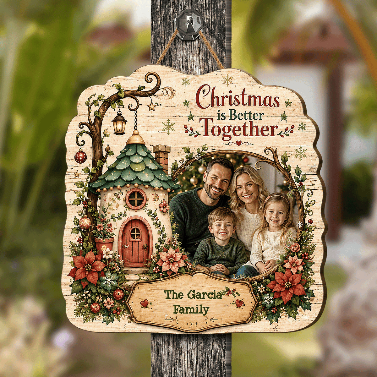 Personalized Christmas Is Better Together Custom Shape Wood Sign, Custom Family Photo Name Fairy Cottage Wooden Hanging Plaque, Festive Holiday Door & Wall Decor Family Gift
