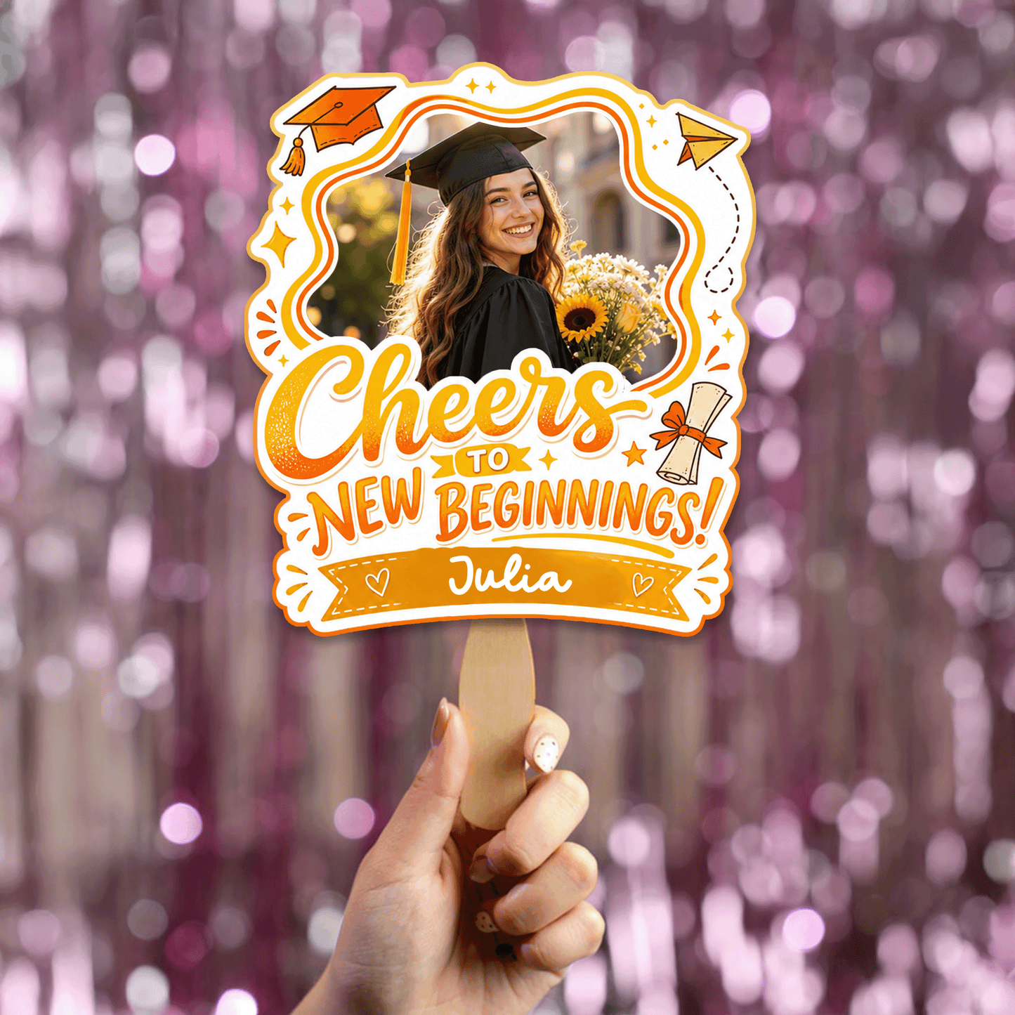Personalized Cheers to New Beginnings Custom Shape Photo Hand Fan, Graduation Fan with Photo & Name