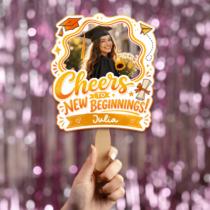 Personalized Cheers to New Beginnings Custom Shape Photo Hand Fan, Graduation Fan with Photo & Name