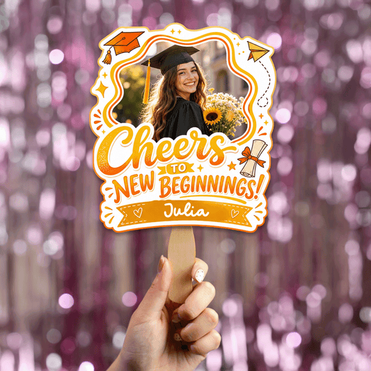Personalized Cheers to New Beginnings Custom Shape Photo Hand Fan, Graduation Fan with Photo & Name