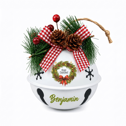 Personalized Merry Christmas Wreath White Jingle Bell Ornament, Custom Name Pine Wreath Holiday Tree Decor, Rustic Metal Bell with Bow & Pinecone Accents