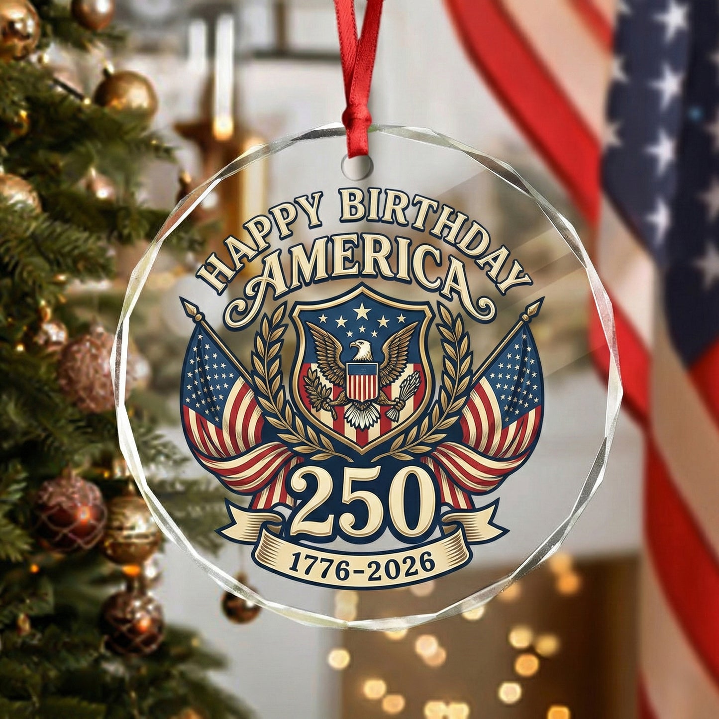 Happy Birthday America 250 Glass Ornament – Patriotic USA 1776–2026 Keepsake