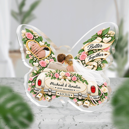 Personalized Better Together Just Married Butterfly Acrylic Plaque, Custom Couple Name Date Wedding Car Tabletop Keepsake, Romantic Newlywed Gift