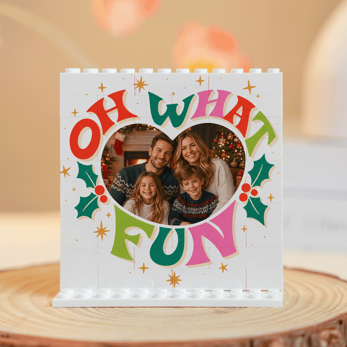 Personalized Photo Christmas Building Block in White, Custom Family Picture Retro "OH WHAT FUN" Typography Brick Puzzle Keepsake Decor, Festive Holiday Desk Gift