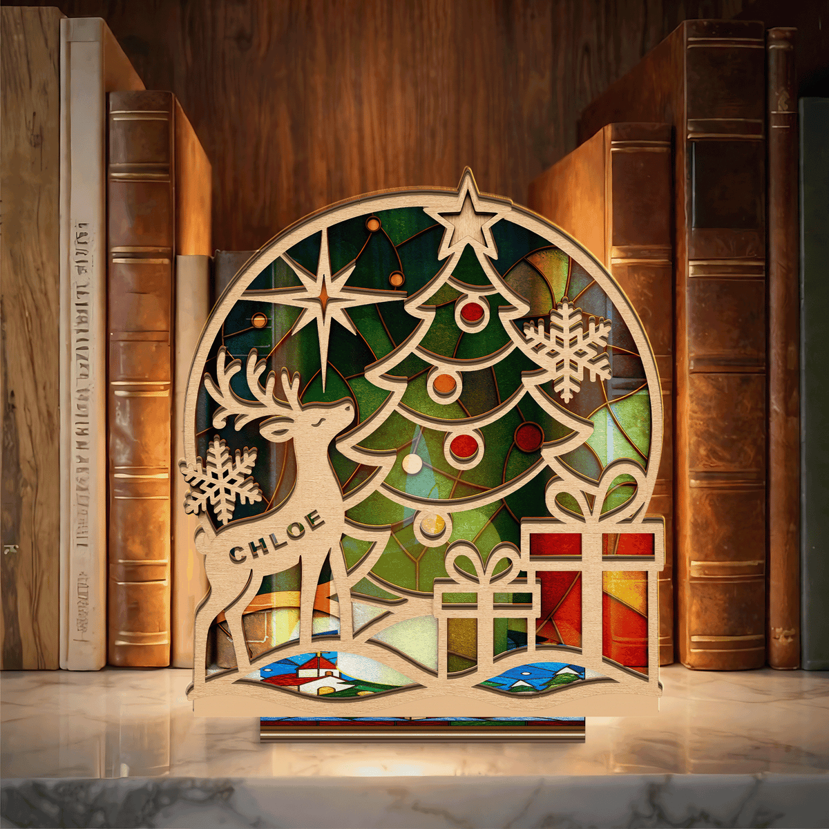 Personalized Christmas Reindeer & Tree Suncatcher Candle Holder, view 10