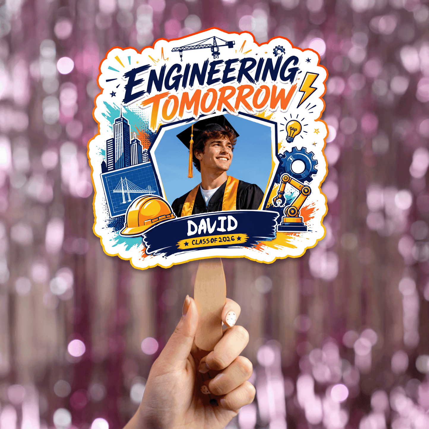 Personalized Engineering Tomorrow Custom Shape Photo Hand Fan, Graduation Fan with Photo & Name