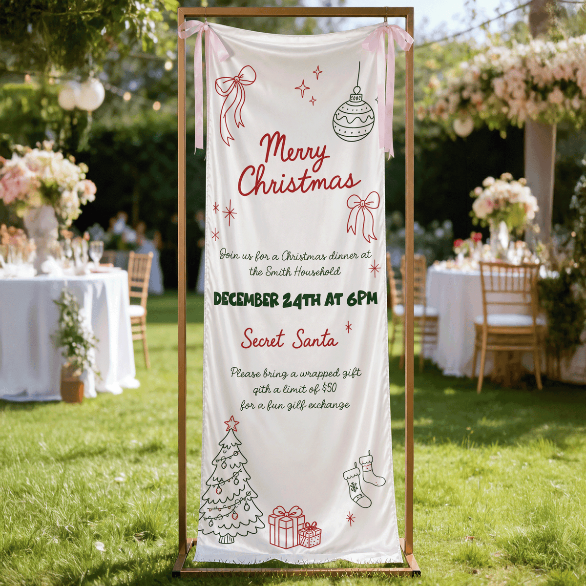 Custom Merry Christmas Dinner Party Fabric Welcome Banner, Personalized Holiday Event Entrance Hanging Sign with Ribbon, Secret Santa Party Details Decor