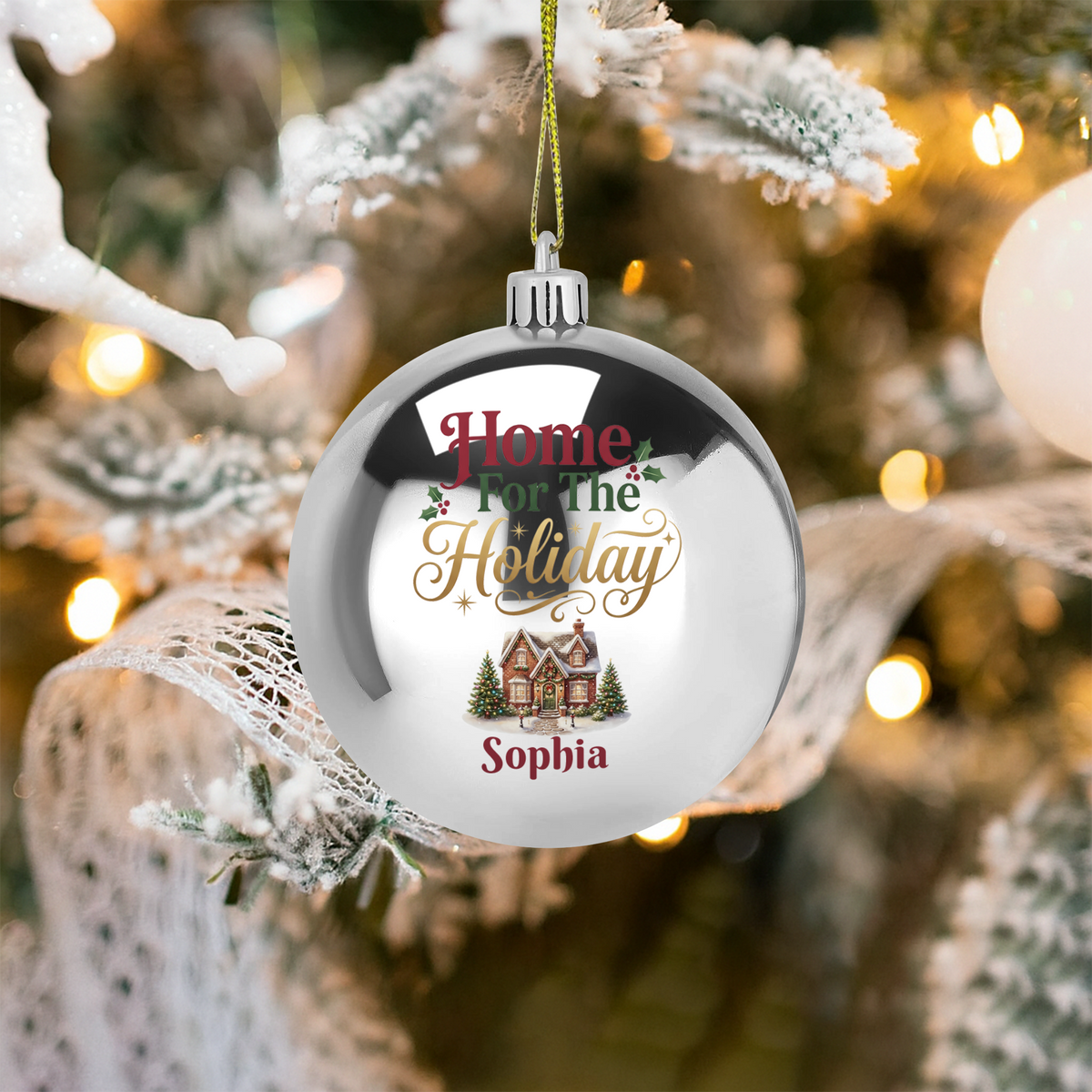 Personalized Name Home For The Holiday Silver Ball Ornament, Custom Full Color Winter House Shatterproof Plastic Bauble