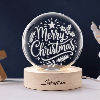 Custom Merry Christmas Calligraphy 3D Laser Engraved Crystal Ball with LED Wooden Standee, Personalized Name Holiday Night Light Keepsake