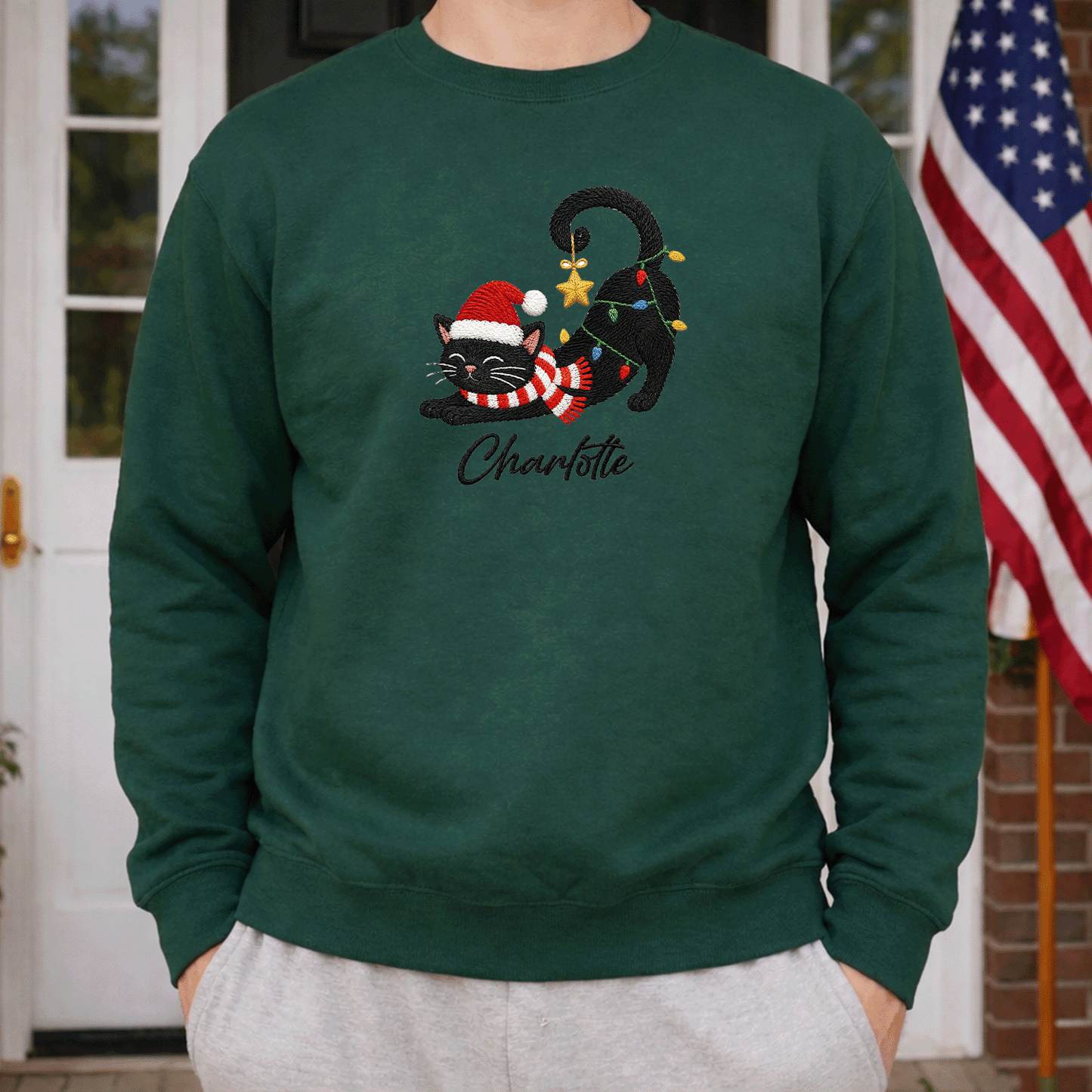 Personalized Embroidered Christmas Black Cat Sweatshirt with Custom Name