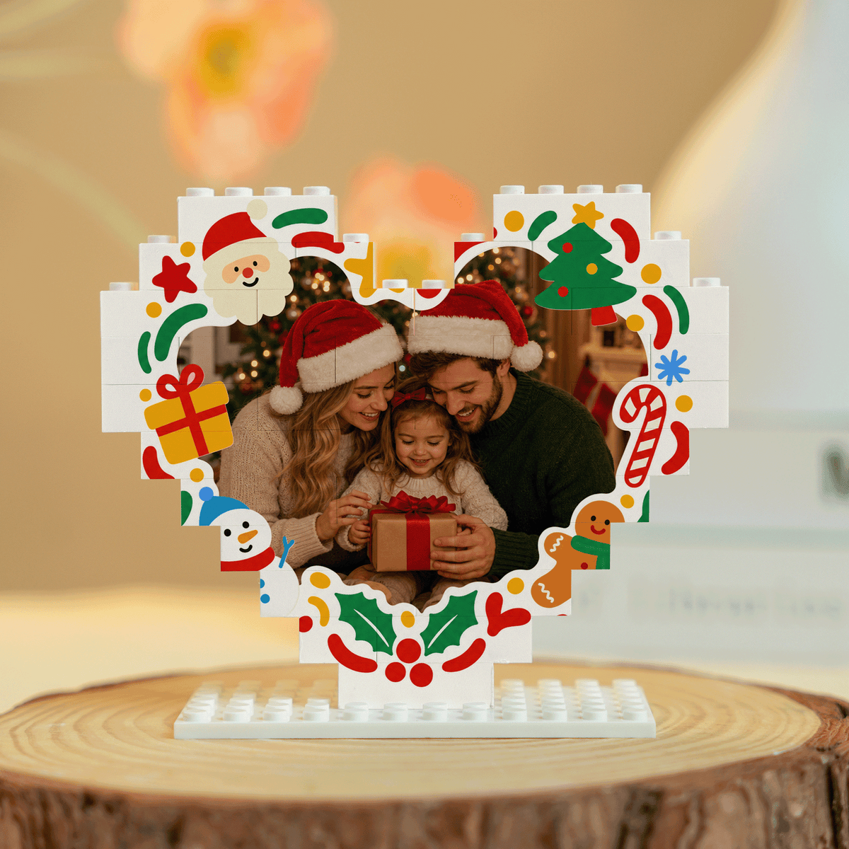 Personalized Photo Heart Building Block in White & Red, Custom Family Picture Doodles Santa & Snowman Brick Puzzle Keepsake Decor, Festive Christmas Desk Gift