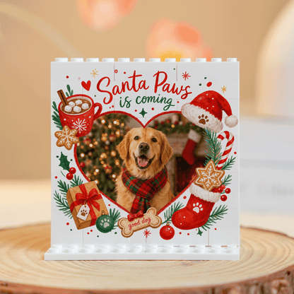 Personalized Photo Christmas Building Block in Cream White, Custom Dog Photo Santa Paws is Coming Heart Frame Brick Puzzle Keepsake Decor, Holiday Gift for Pet Lovers