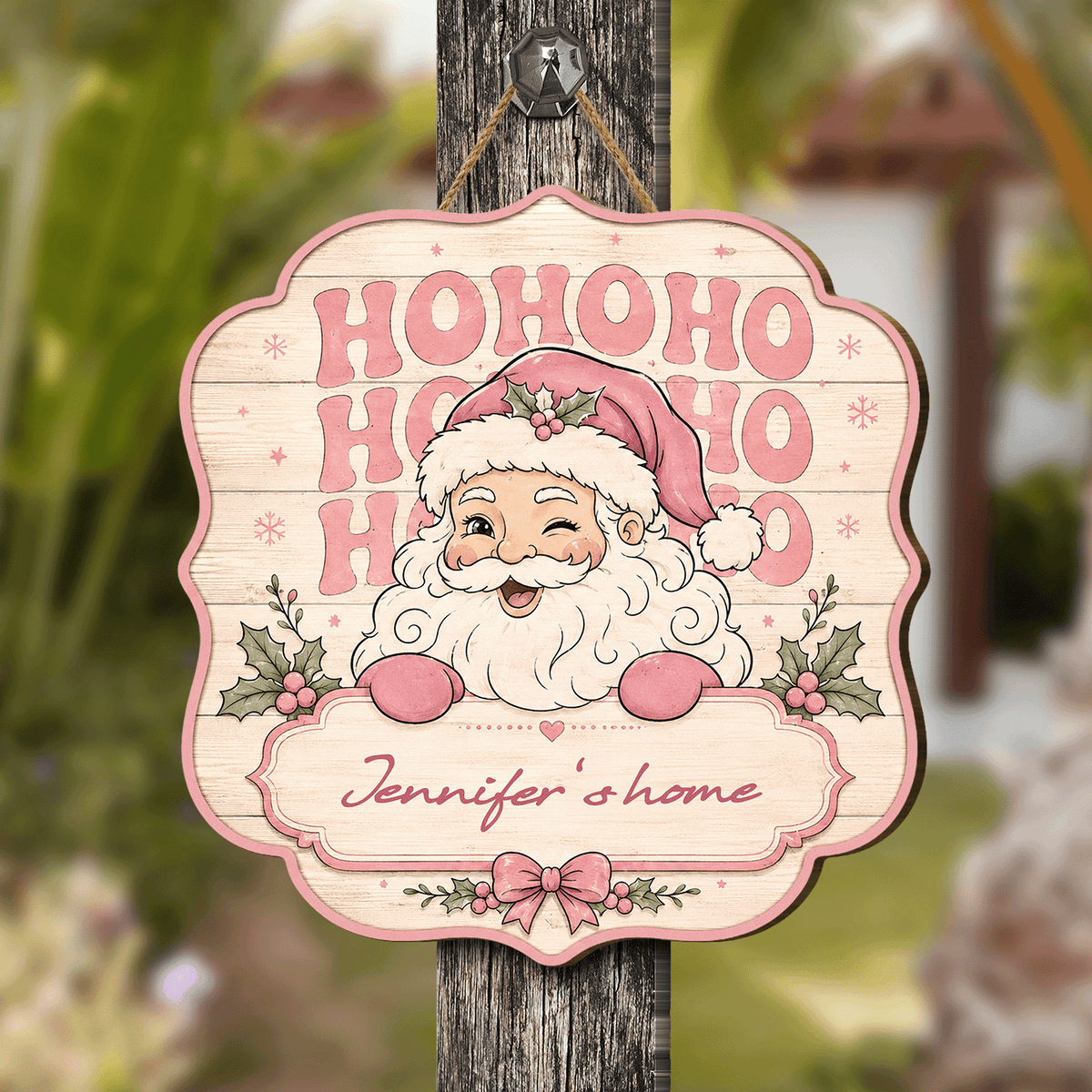 Personalized Pink Ho Ho Ho Winking Santa Custom Shape Wood Sign, Custom Family Name Retro Santa Wooden Hanging Plaque, Pastel Christmas Door & Wall Decor Family Gift
