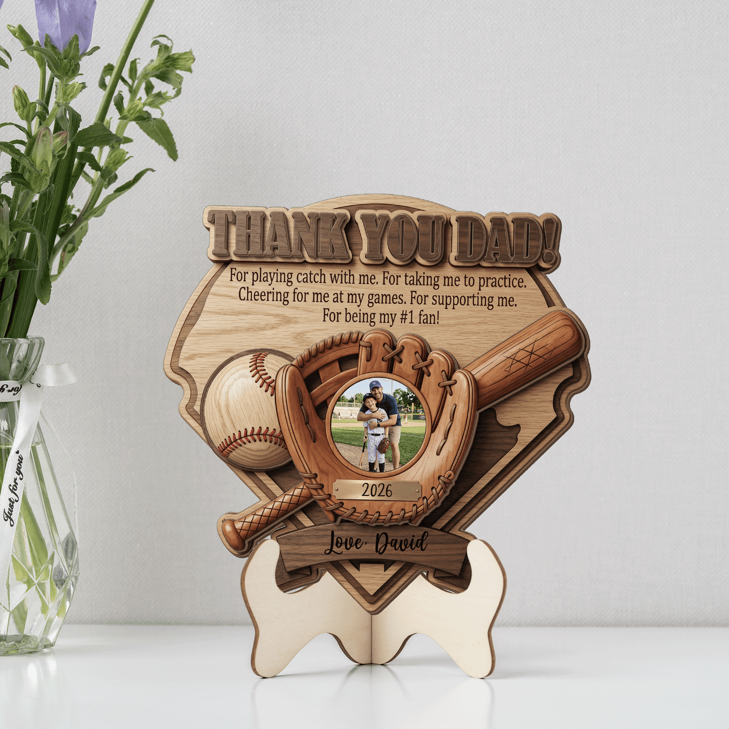 Personalized Photo Wooden Sign for Dad – Custom Name 2 Layer Father’s Day Gift, Thank You Dad Decor