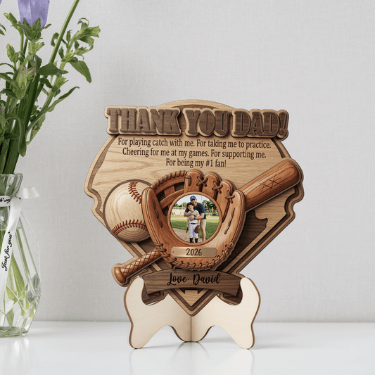 Personalized Photo Wooden Sign for Dad – Custom Name 2 Layer Father’s Day Gift, Thank You Dad Decor