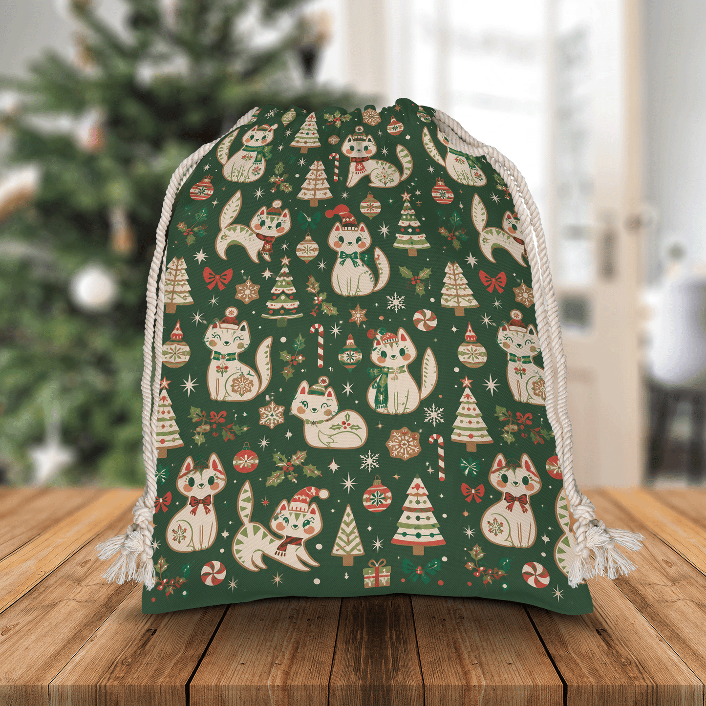 Vintage Christmas Cats Pattern Christmas Sack | Reusable Holiday Gift Bag