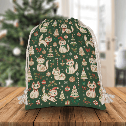 Vintage Christmas Cats Pattern Christmas Sack | Reusable Holiday Gift Bag