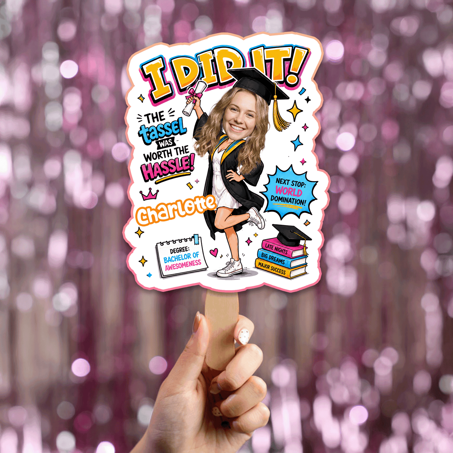 Personalized I Did It Next Stop World Domination Custom Shape Photo Hand Fan, Graduation Fan with Photo & Name