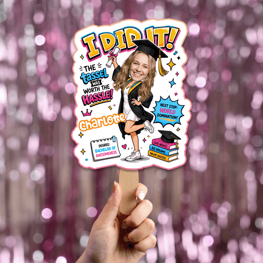 Personalized I Did It Next Stop World Domination Custom Shape Photo Hand Fan, Graduation Fan with Photo & Name