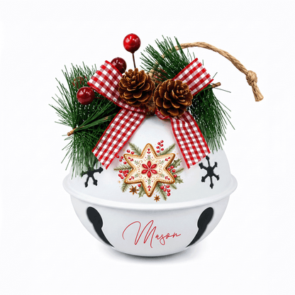 Personalized Gingerbread Star White Jingle Bell Ornament, Custom Name Festive Cookie Christmas Tree Decor, Rustic Metal Bell with Bow & Pinecone Accents
