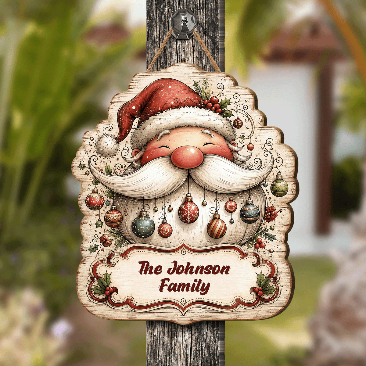 Personalized Cute Vintage Santa Claus Baubles Beard Custom Shape Wood Sign, Custom Family Name Festive Santa Face Christmas Wooden Hanging Plaque, Holiday Door & Wall Decor Family Gift