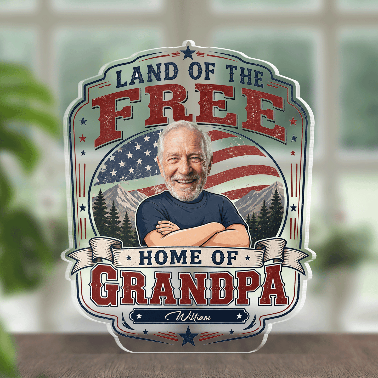 Land of the Free Home of Grandpa Acrylic Plaque – Personalized Photo Gift for Grandpa
