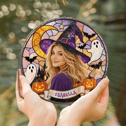 Personalized Halloween Witch Custom Photo Ghost Pumpkin Stained Glass Suncatcher Window Hanging Custom Name Home Wall Decor